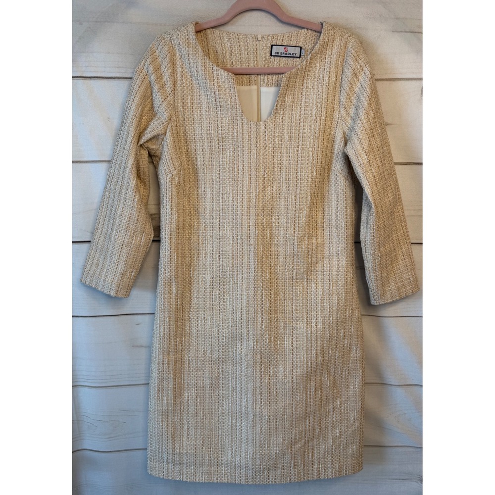 CK Bradley Women Gold Metallic Tweed Shift Dress U-Neck 3/4 Sleeve Size L